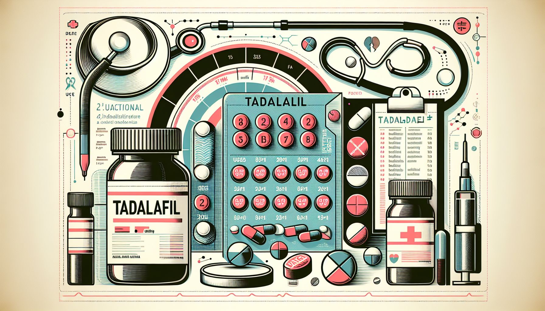 Tadalafil medication tablet blister pack – illustration of prescription drug for erectile dysfunction and more